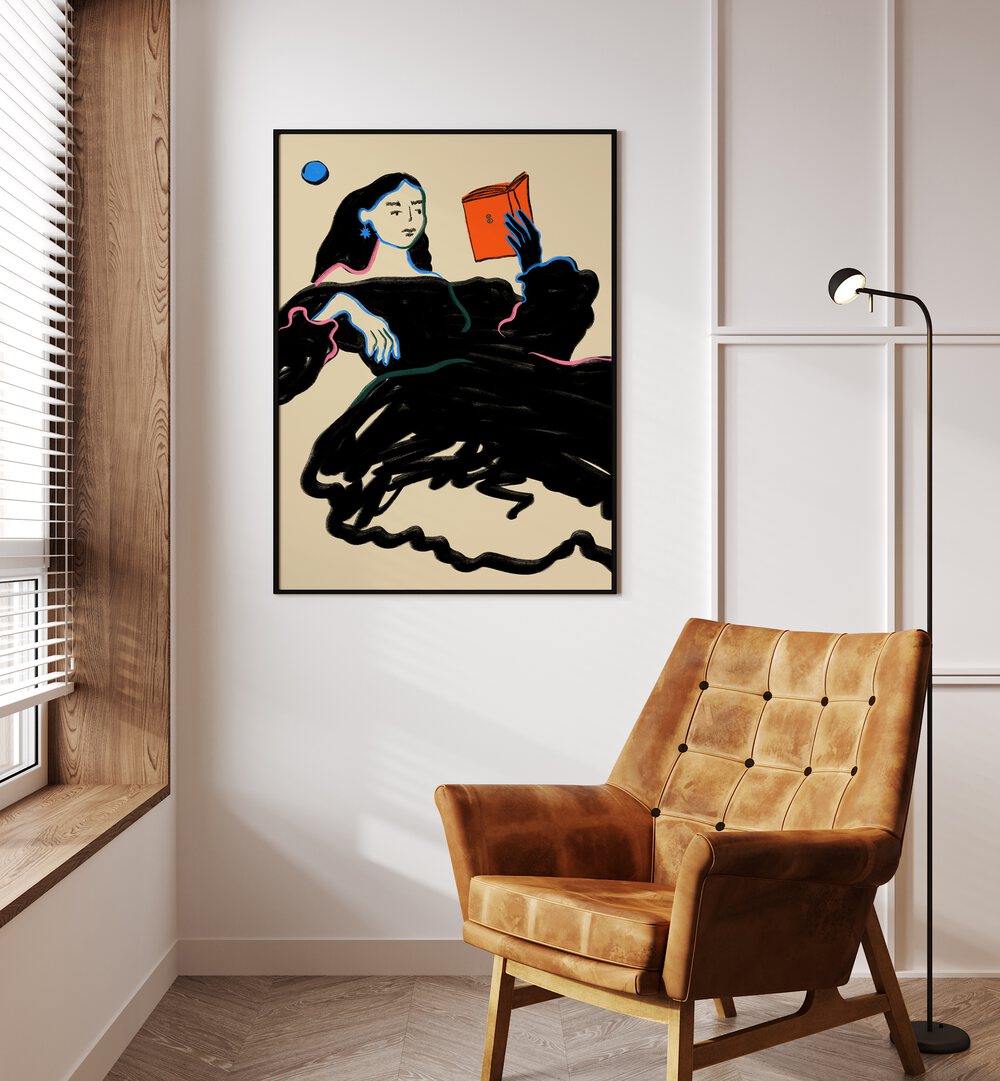Elegant woman reading in a cozy setting, showcasing MIDNIGHT READING, PORTRAITS & FIGURATIVE ILLUSTRATIONS art.