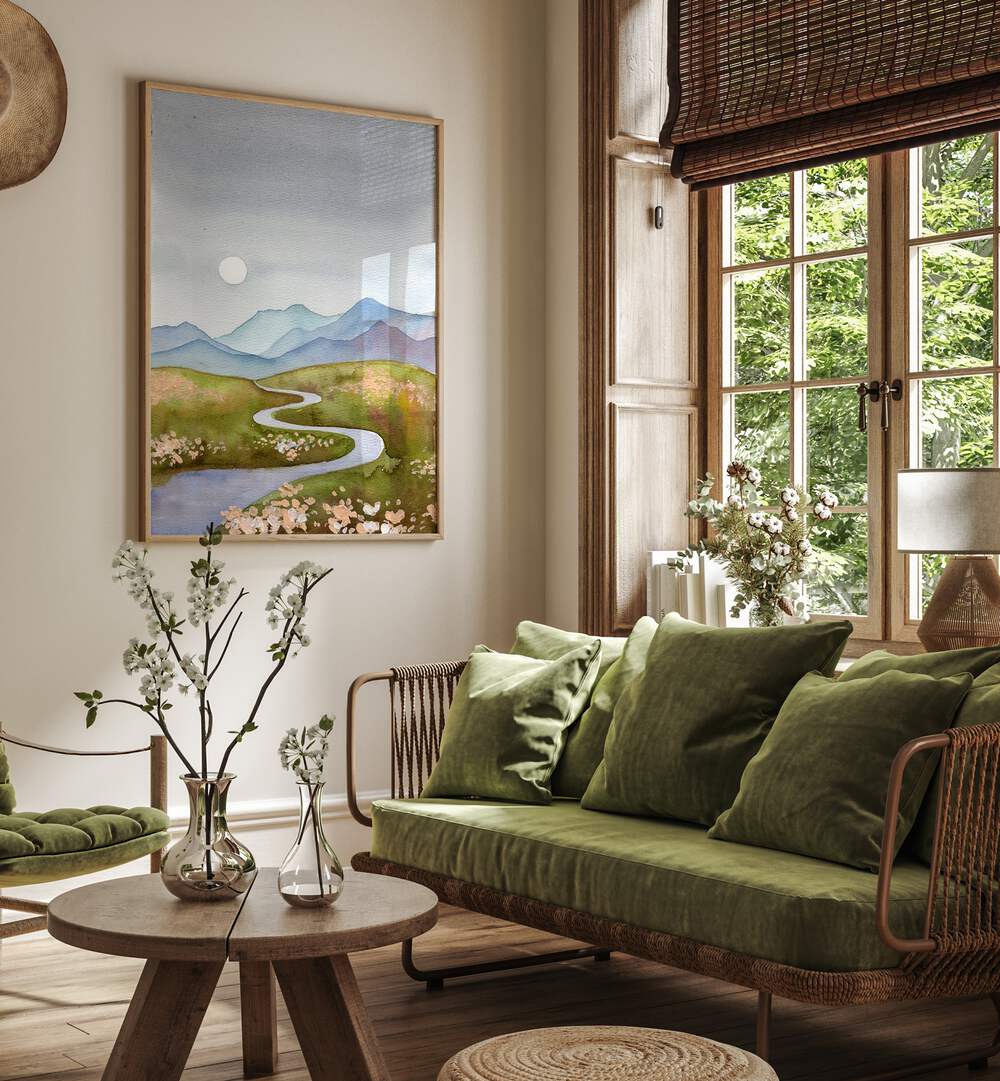 Beautifully styled living room featuring BLUE GRAY HILLS, LANDSCAPE PAINTINGS, adding tranquility to home decor.