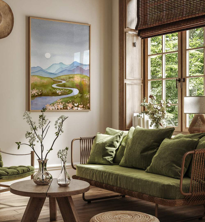 Beautifully styled living room featuring BLUE GRAY HILLS, LANDSCAPE PAINTINGS, adding tranquility to home decor.
