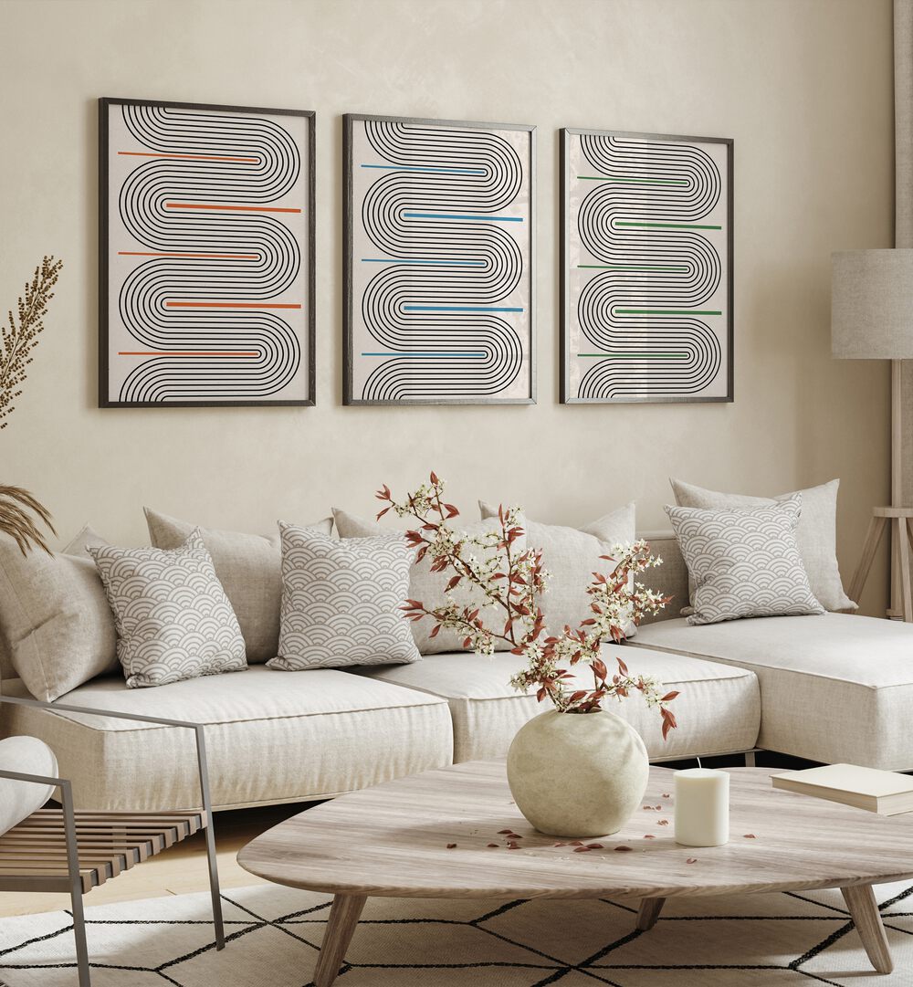 GEOMETRICAL TIDAL MOODS SET , SET OF 3 PAINTINGS