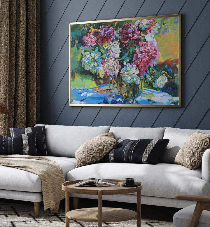 Elegant WHITE AND PINK PEONIES, FLORAL FLOWER PAINTINGS adorning a stylish living room, enhancing its charm and warmth.