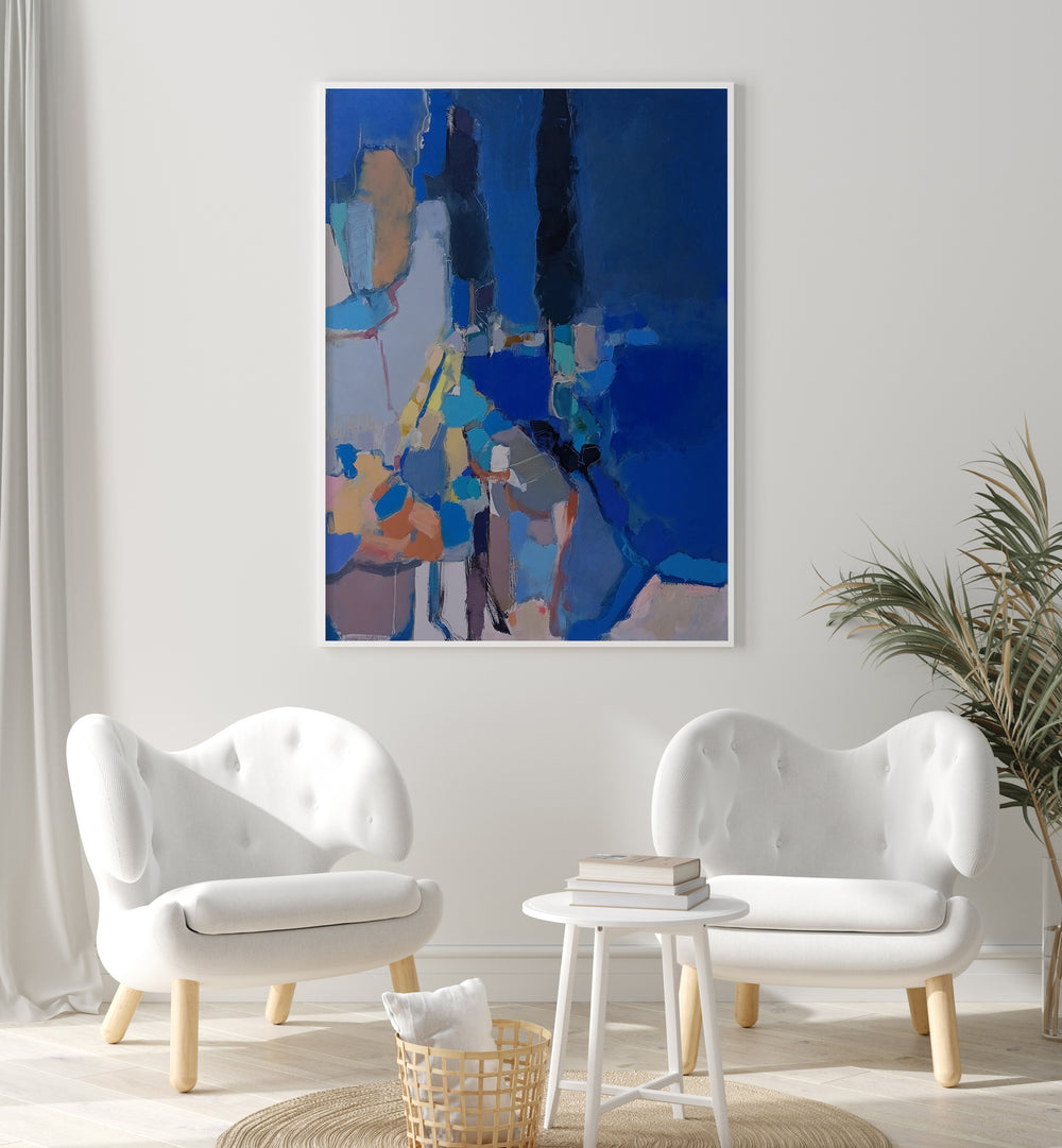 Vibrant BLUE BLUE DAY, ABSTRACT PAINTINGS enhancing modern decor with artistic flair in a stylish interior setting.