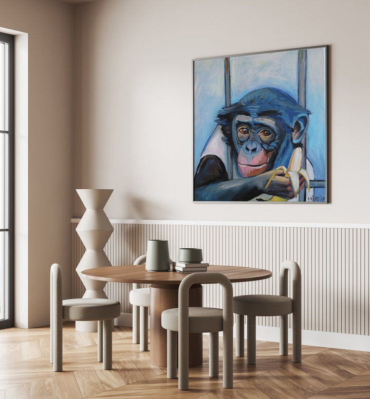 Stylish BANANA CONTEMPLATION II, COMIC POSTERS featuring vibrant monkey art, perfect for modern decor enthusiasts.