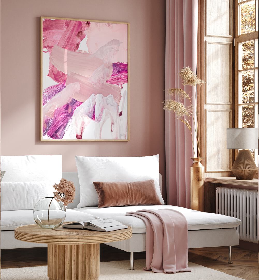 Vibrant ALLA PRIMA PINK SHADES, ABSTRACT PAINTINGS enhance a cozy living space with stunning pink hues.