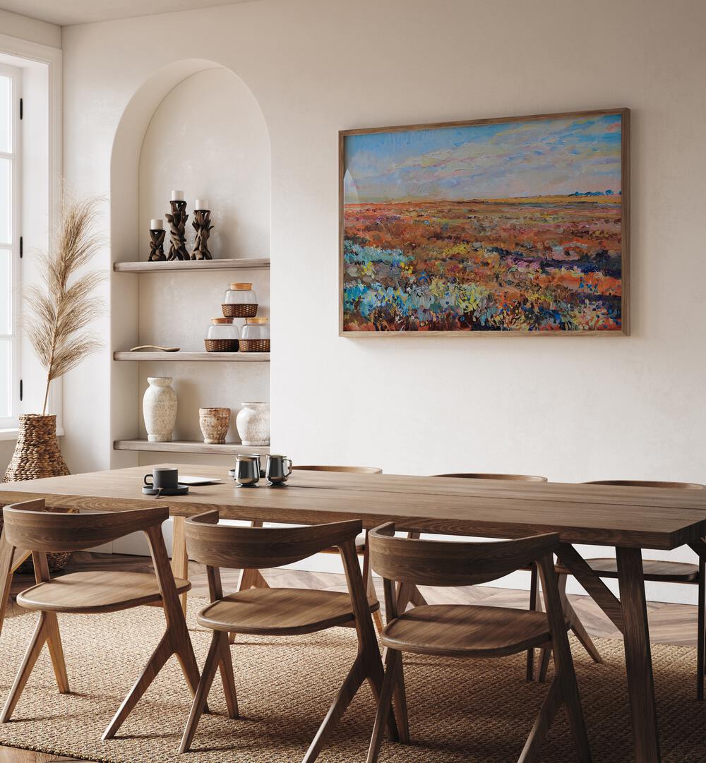 Vibrant autumn hues in AUTUMN IN THE STEPPE II, LANDSCAPE PAINTINGS enhance any modern living space decor.