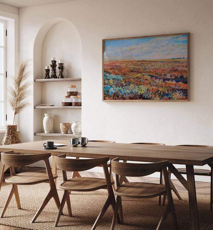 Vibrant autumn hues in AUTUMN IN THE STEPPE II, LANDSCAPE PAINTINGS enhance any modern living space decor.