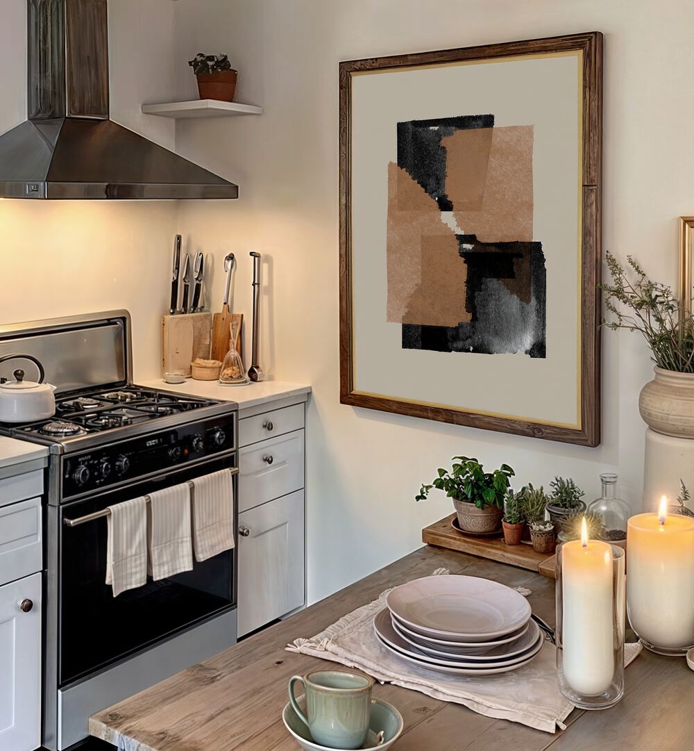 Modern kitchen showcasing COLLAGE PAPER, ABSTRACT PAINTINGS framed on the wall, perfect for creative inspiration.