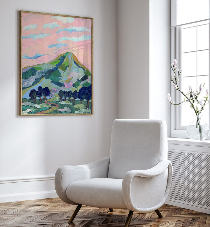 Vibrant PINK MOUNTAIN, LANDSCAPE PAINTINGS by Eleanor Baker, perfect for enhancing your tranquil home space.
