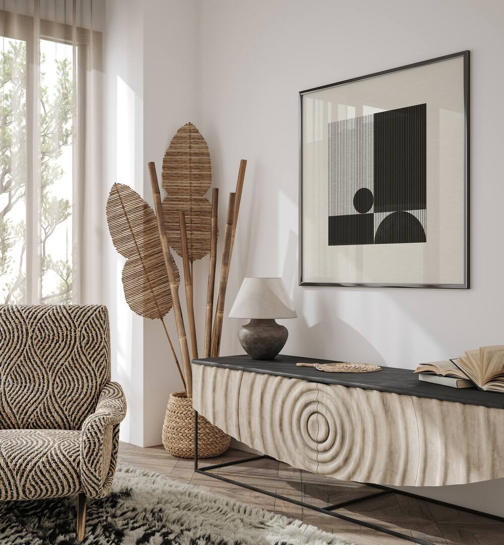 Stylish living room featuring PAPER OBJECT IV, GEOMETRIC ART PRINTS, enhancing modern minimalism and creativity.