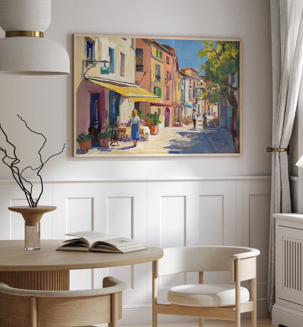 Vibrant STREET IN MALLORCA artwork enhancing a modern interior with Mediterranean charm and urban essence.