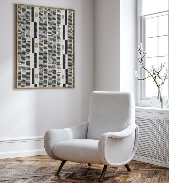 Stunning LINO CUT PATTERN NO.1, GEOMETRIC ART PRINTS displayed above a cozy chair, enhancing modern interior decor.