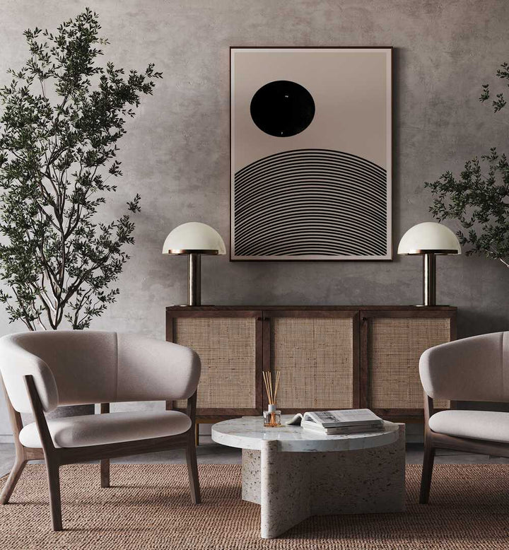 Stylish living room featuring the BLACK SUN II, GEOMETRIC ART PRINTS from The Miuus Studio, enhancing modern decor.