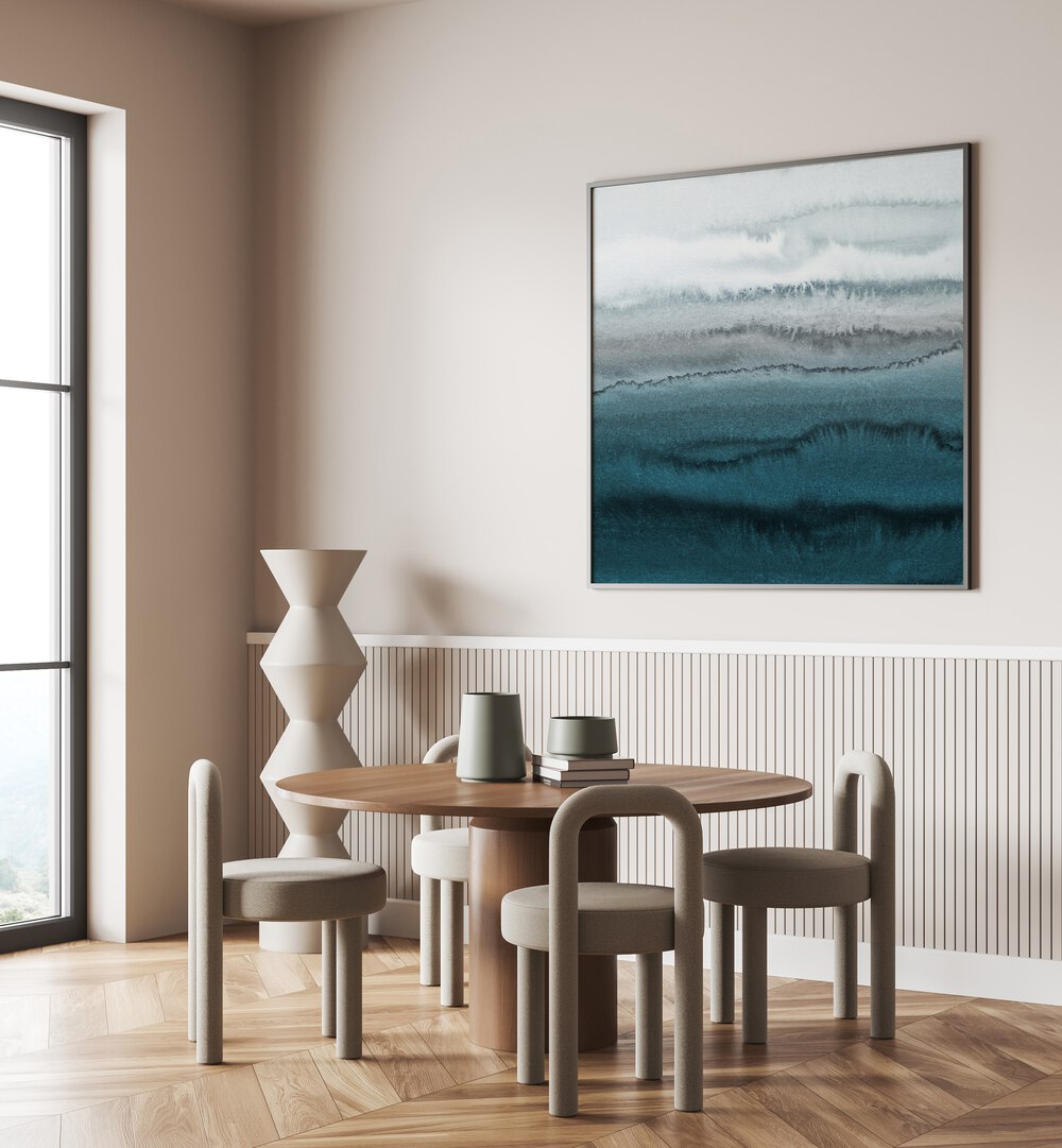 Elegant living room featuring OCEAN MIST LAYERS, ABSTRACT PAINTINGS that enhance the serene coastal ambiance.