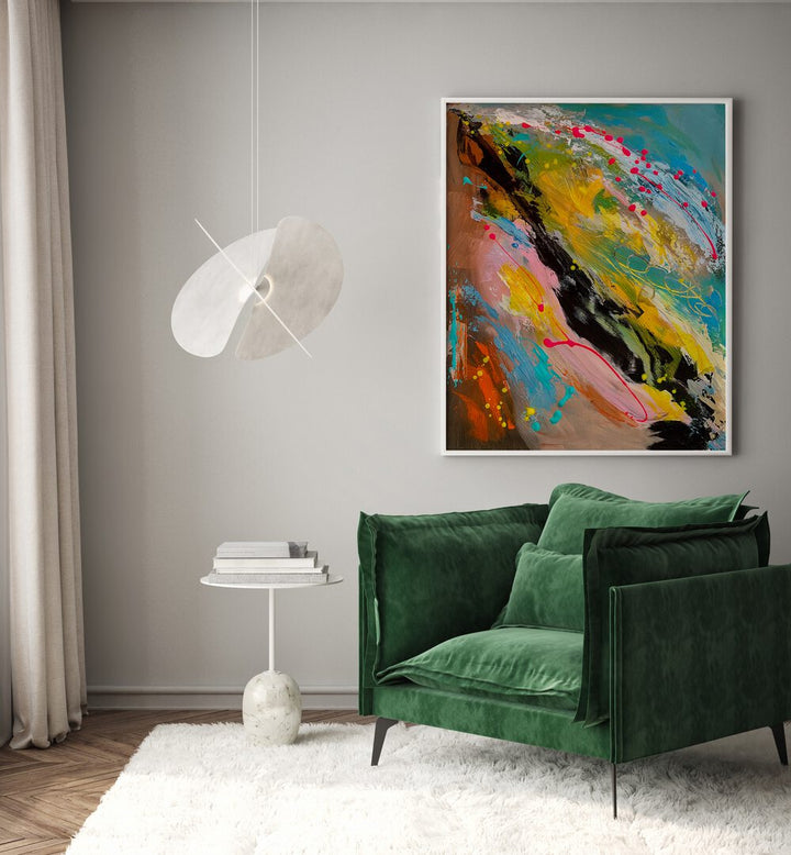 Vibrant EPHEMERAL EQUILIBRIUM, ABSTRACT PAINTINGS enhancing modern decor with striking colors and dynamic composition.