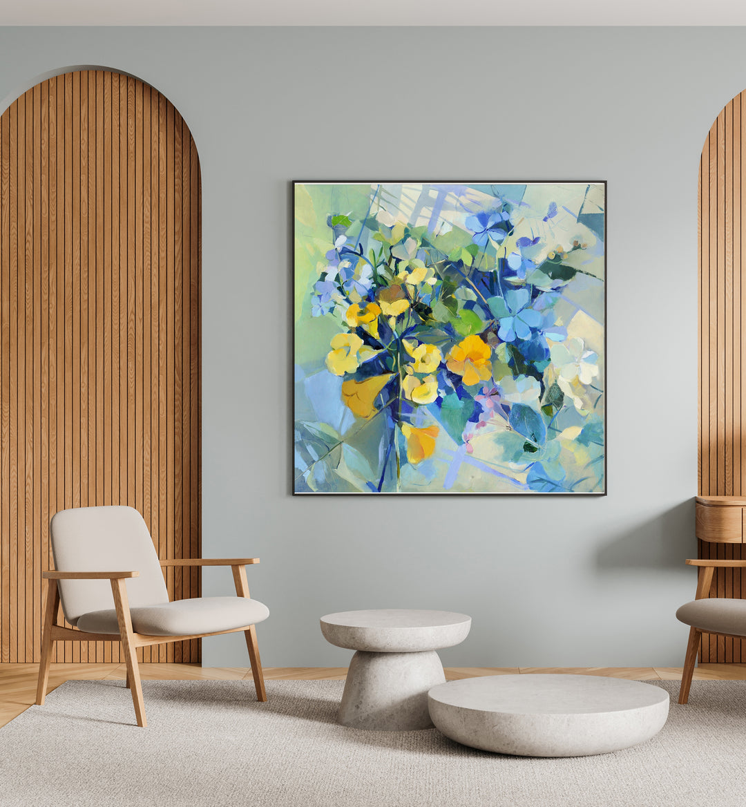 Bright and colorful WELLOW OIL, ABSTRACT PAINTINGS enhance any space with vibrant floral designs and soothing aesthetics.