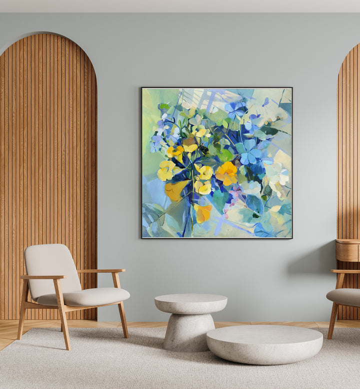 Bright and colorful WELLOW OIL, ABSTRACT PAINTINGS enhance any space with vibrant floral designs and soothing aesthetics.