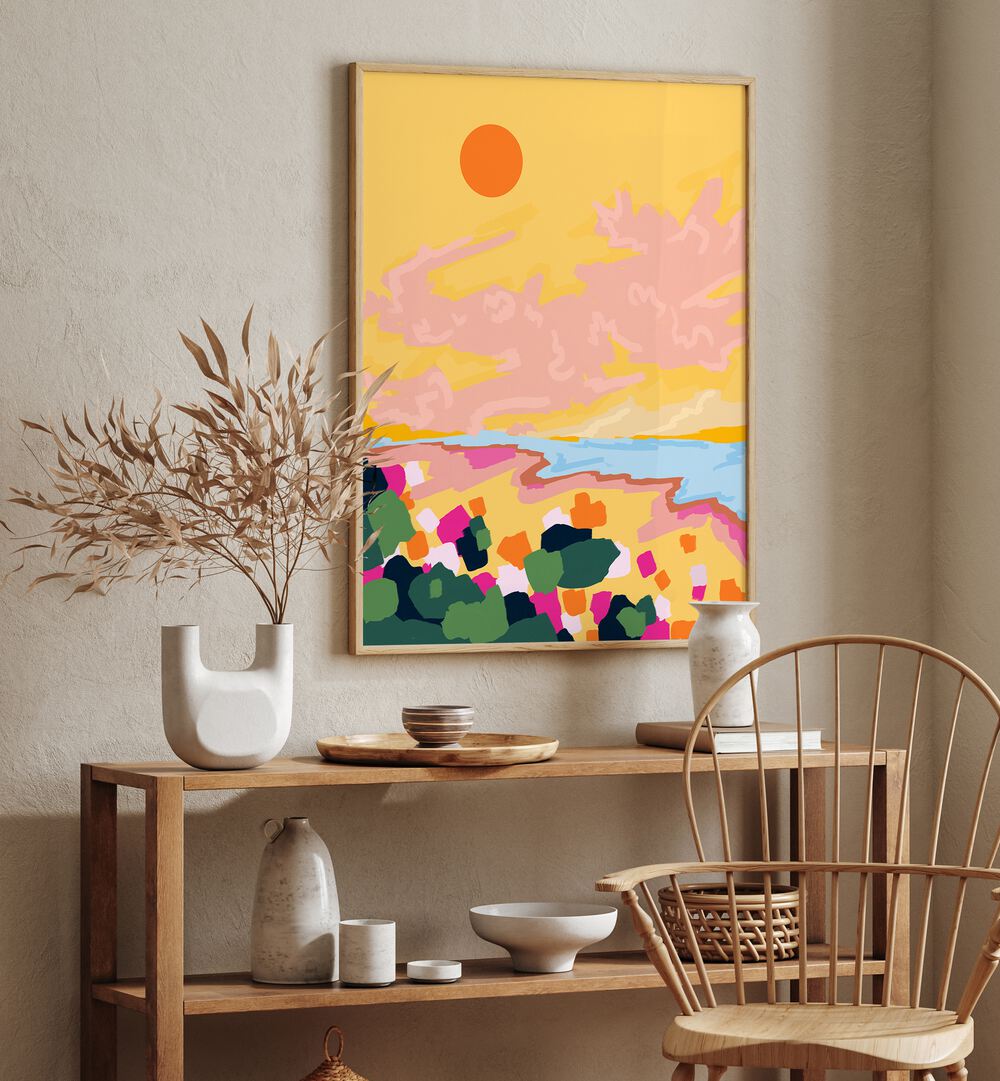 Vibrant SUN EMBRACE, LANDSCAPE PAINTINGS adorn a stylish interior, enhancing warmth and color in any space.