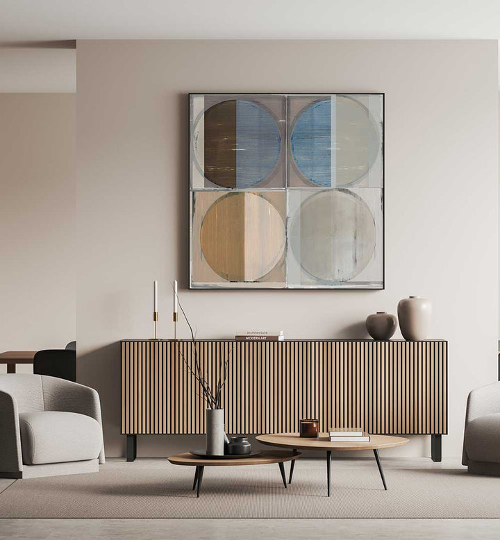 FOUR CIRCLES AND SQUARES II, GEOMETRIC ART PRINTS, enhances modern decor with its captivating design and colors.