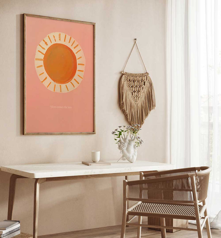 Bright HERE COMES THE SUN , KIDS ROOM PAINTINGS with warm sun design brightening a cozy modern room setting.