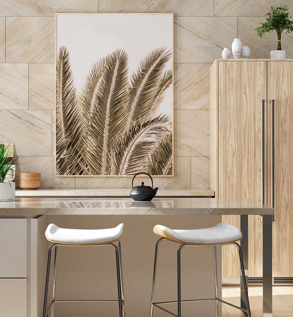 Framed sepia palm art above modern kitchen island featuring WINDSWEPT PALMS , BEACH PAINTINGS