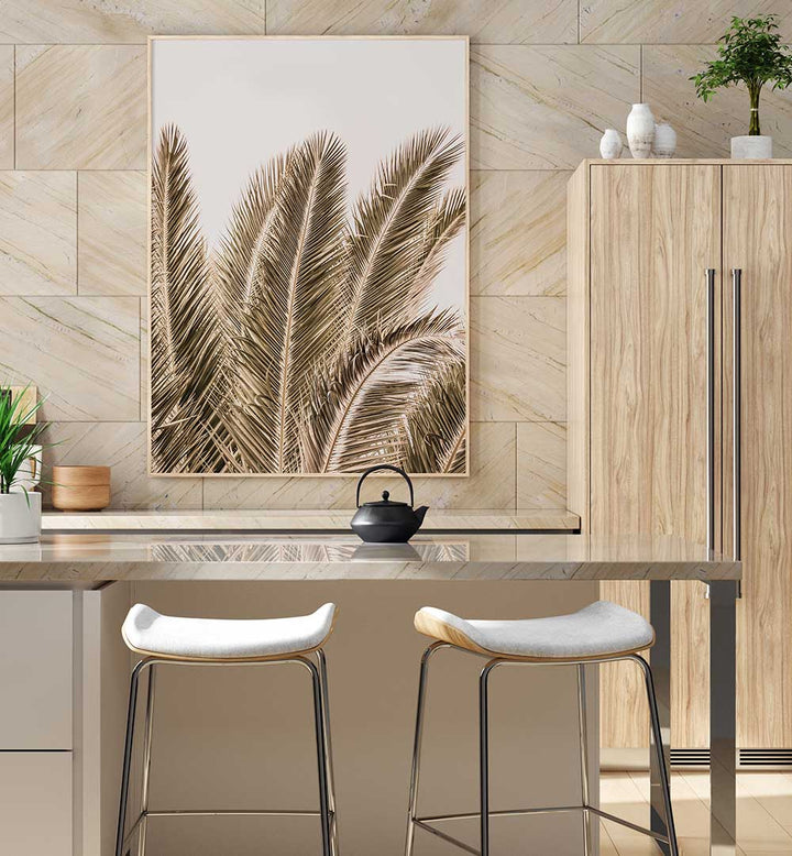 Framed sepia palm art above modern kitchen island featuring WINDSWEPT PALMS , BEACH PAINTINGS