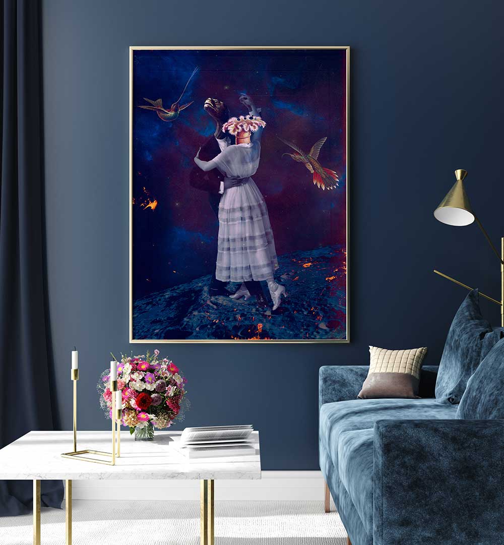 SLOW MOTION, SURREAL ART PRINTS displayed in a stylish living room, featuring a captivating artwork of dancing figures.