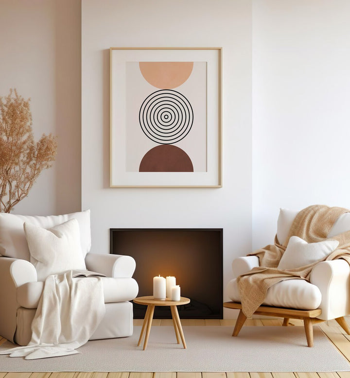Modern living space featuring LINES AND CIRCLES XXVI, BOHO ART PAINTINGS, showcasing geometric elegance and warmth.