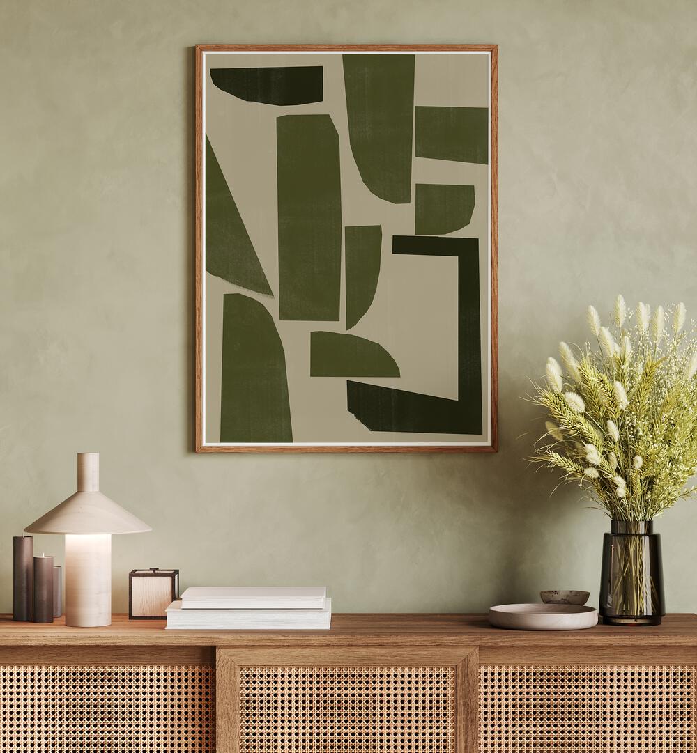Beautifully styled interior featuring GREEN COMPOSITION III, ABSTRACT PAINTINGS by The Miuus Studio, enhancing modern spaces.