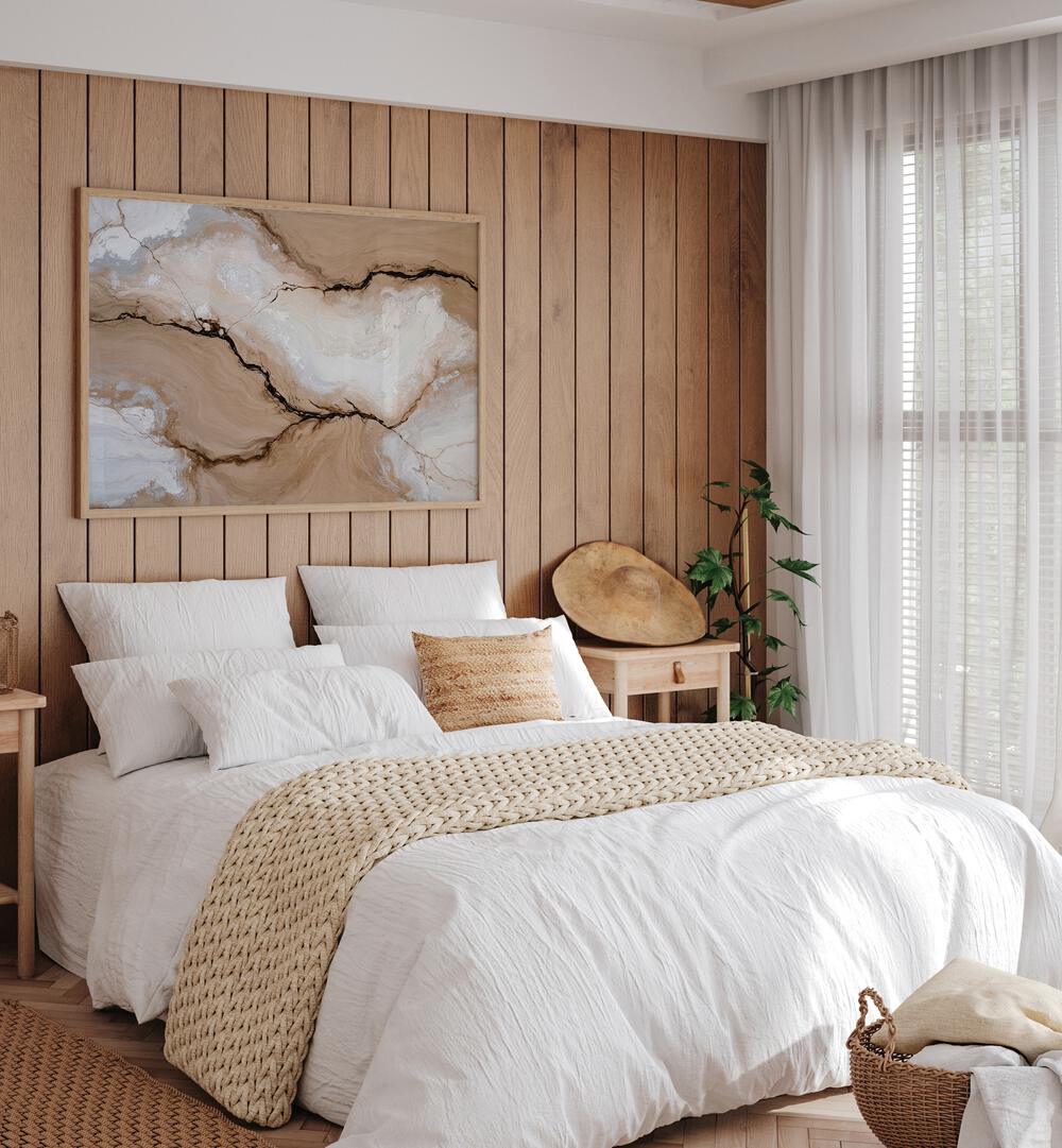 Stylish bedroom featuring STRIATED FRACTURES, ABSTRACT PAINTINGS, enhancing elegance with natural beauty.