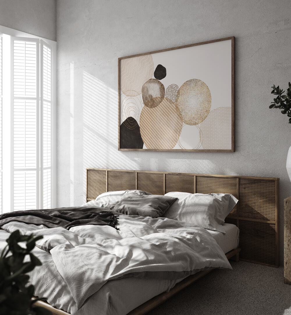 Stylish bedroom featuring ORGANIC STONES, ABSTRACT PAINTINGS, enhancing modern decor with earthy tones and elegance.