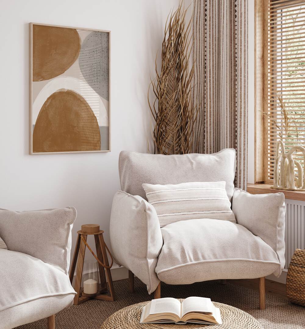 Stylish living room featuring WATERCOLOR OBJECTS I, ABSTRACT PAINTINGS, adding a creative touch to the decor.