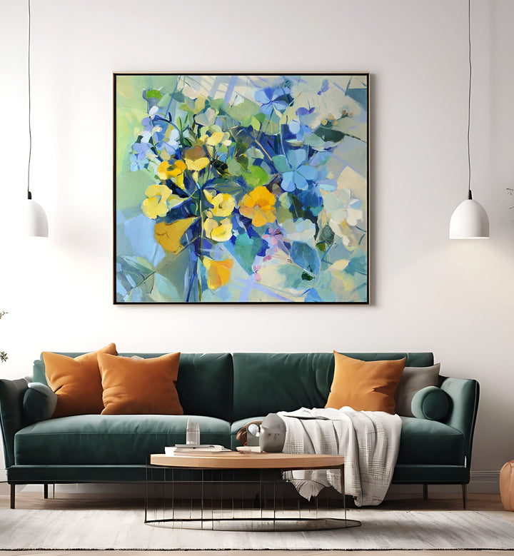 Vibrant WELLOW OIL, ABSTRACT PAINTINGS brighten up a modern living room, adding a touch of elegance and color.