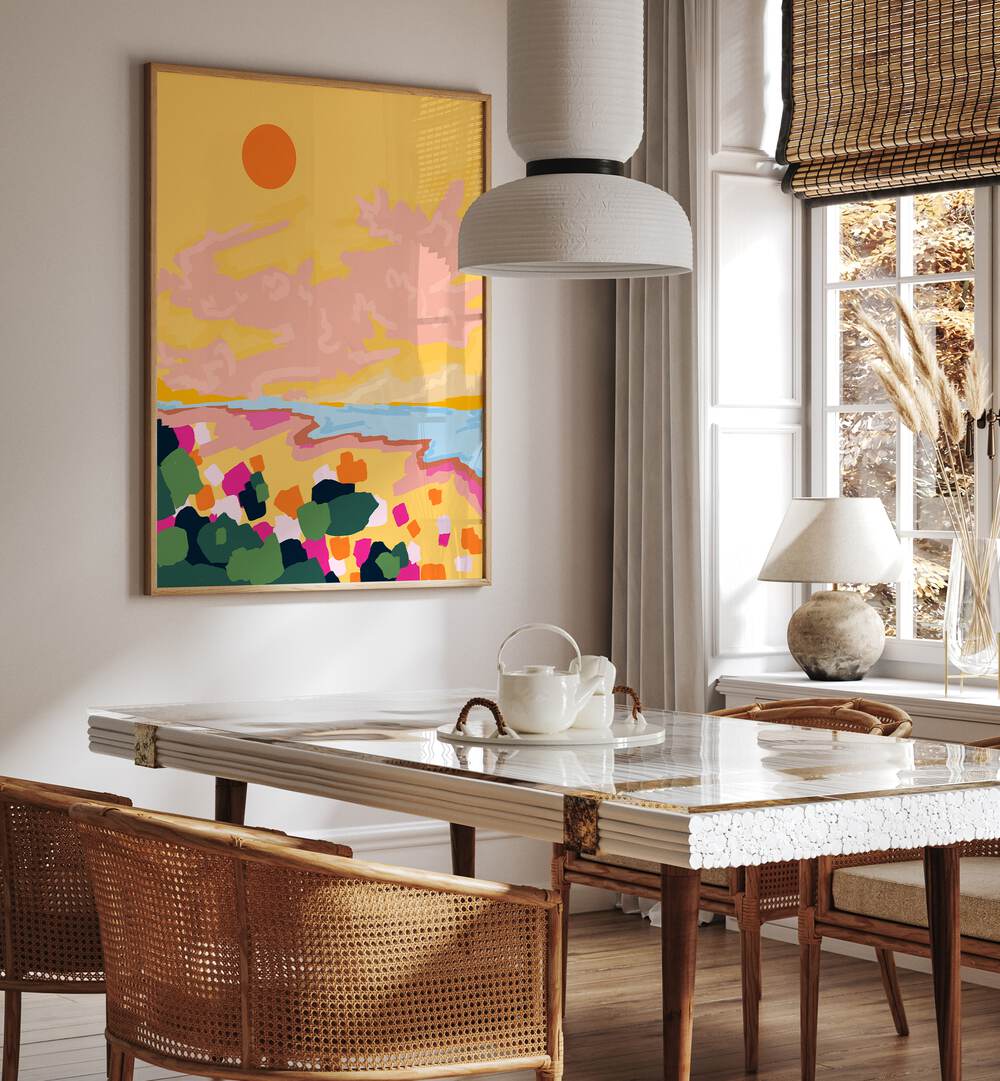 Vibrant SUN EMBRACE, LANDSCAPE PAINTINGS brighten the room, showcasing a colorful sunlit scene perfect for any space.