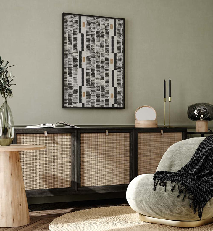 LINO CUT PATTERN NO.1, GEOMETRIC ART PRINTS, displayed in a modern living space with stylish decor elements.