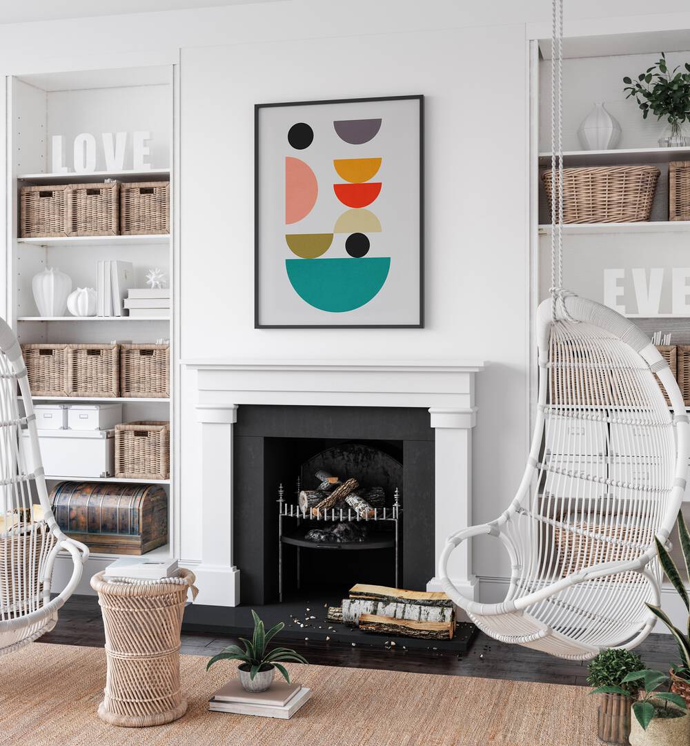Stylish living room featuring HARMONY II, GEOMETRIC ART PRINTS, enhancing the space with vibrant colors and design.