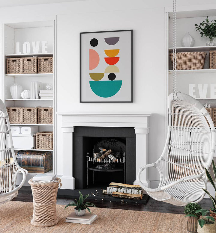 Stylish living room featuring HARMONY II, GEOMETRIC ART PRINTS, enhancing the space with vibrant colors and design.