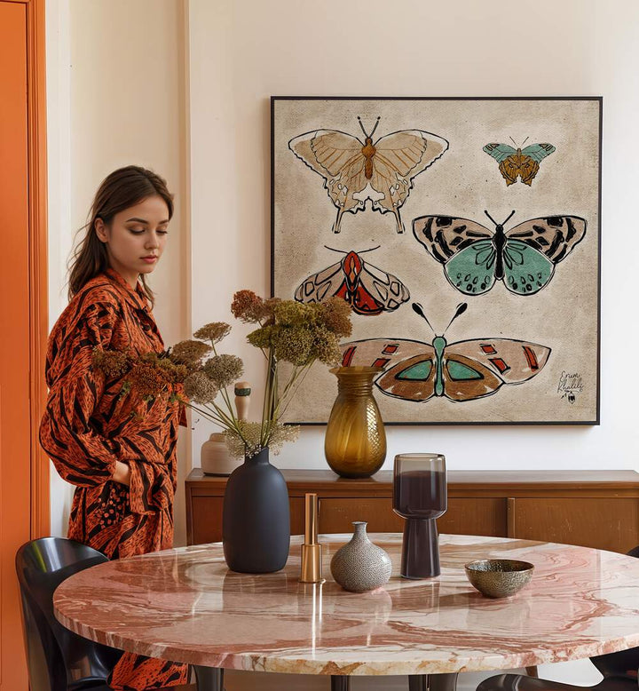 Elegant VINTAGE BUTTERFLIES, ANIMAL PAINTINGS displayed in a stylish setting, perfect for nature lovers' decor.