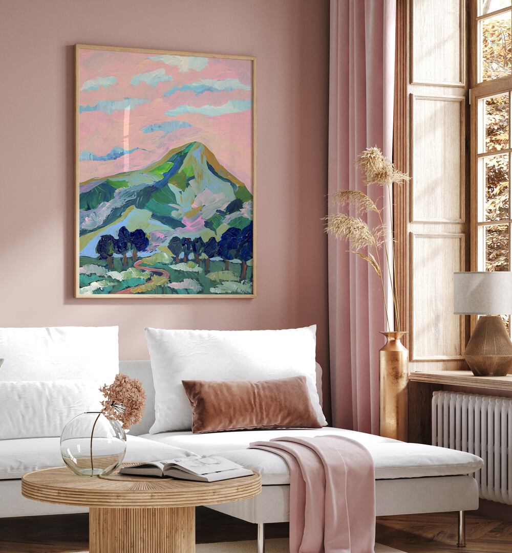 Serene PINK MOUNTAIN, LANDSCAPE PAINTINGS by Eleanor Baker enhances any space with calming beauty and vibrant colors.