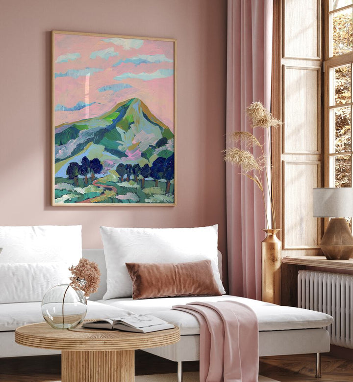 Serene PINK MOUNTAIN, LANDSCAPE PAINTINGS by Eleanor Baker enhances any space with calming beauty and vibrant colors.