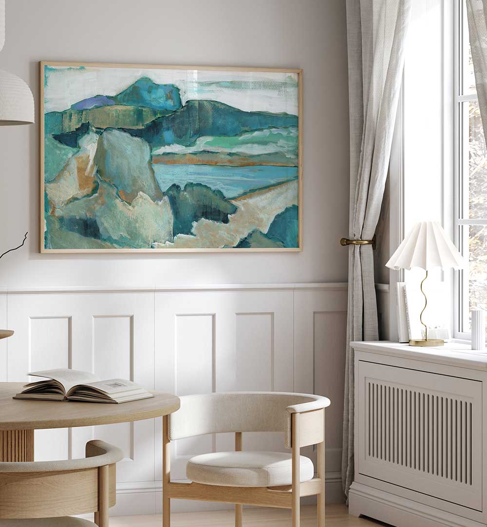 Breathtaking NATURAL WORLD I, LANDSCAPE PAINTINGS adorn a stylish room, showcasing vibrant nature's beauty.