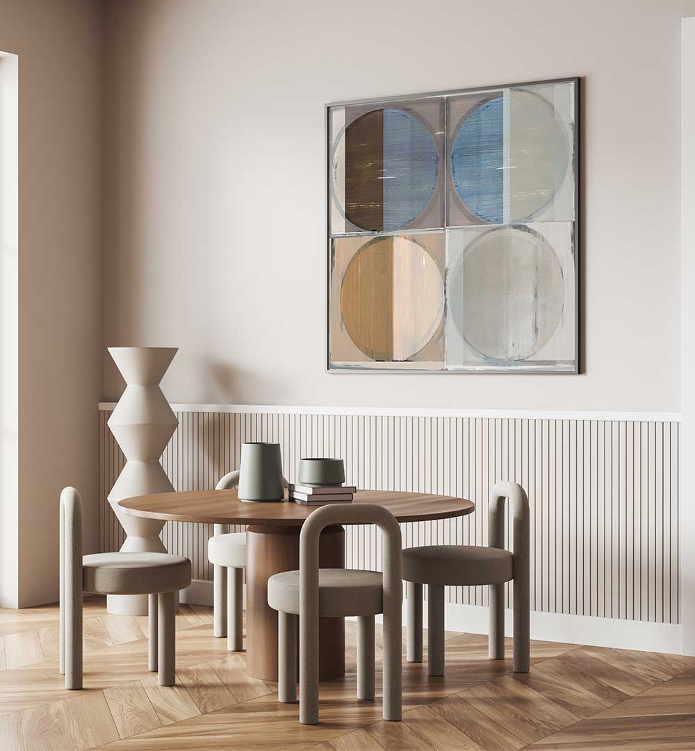 FOUR CIRCLES AND SQUARES II, GEOMETRIC ART PRINTS enhance a modern dining space with stylish geometric design.