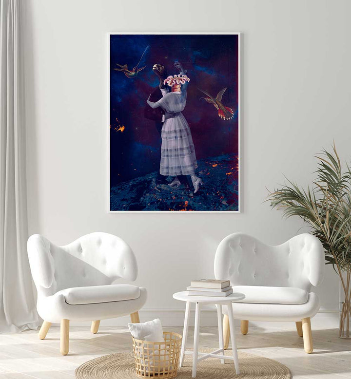 Elegant SLOW MOTION, SURREAL ART PRINTS featuring a whimsical scene with a couple and vibrant birds in a dreamy setting.
