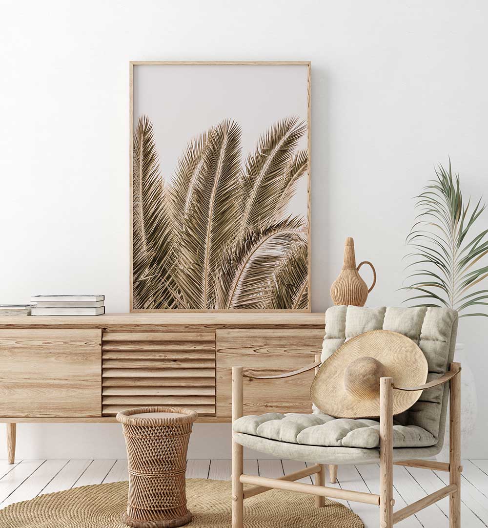 WINDSWEPT PALMS , BEACH PAINTINGS framed palm art above wooden console in minimalist coastal room