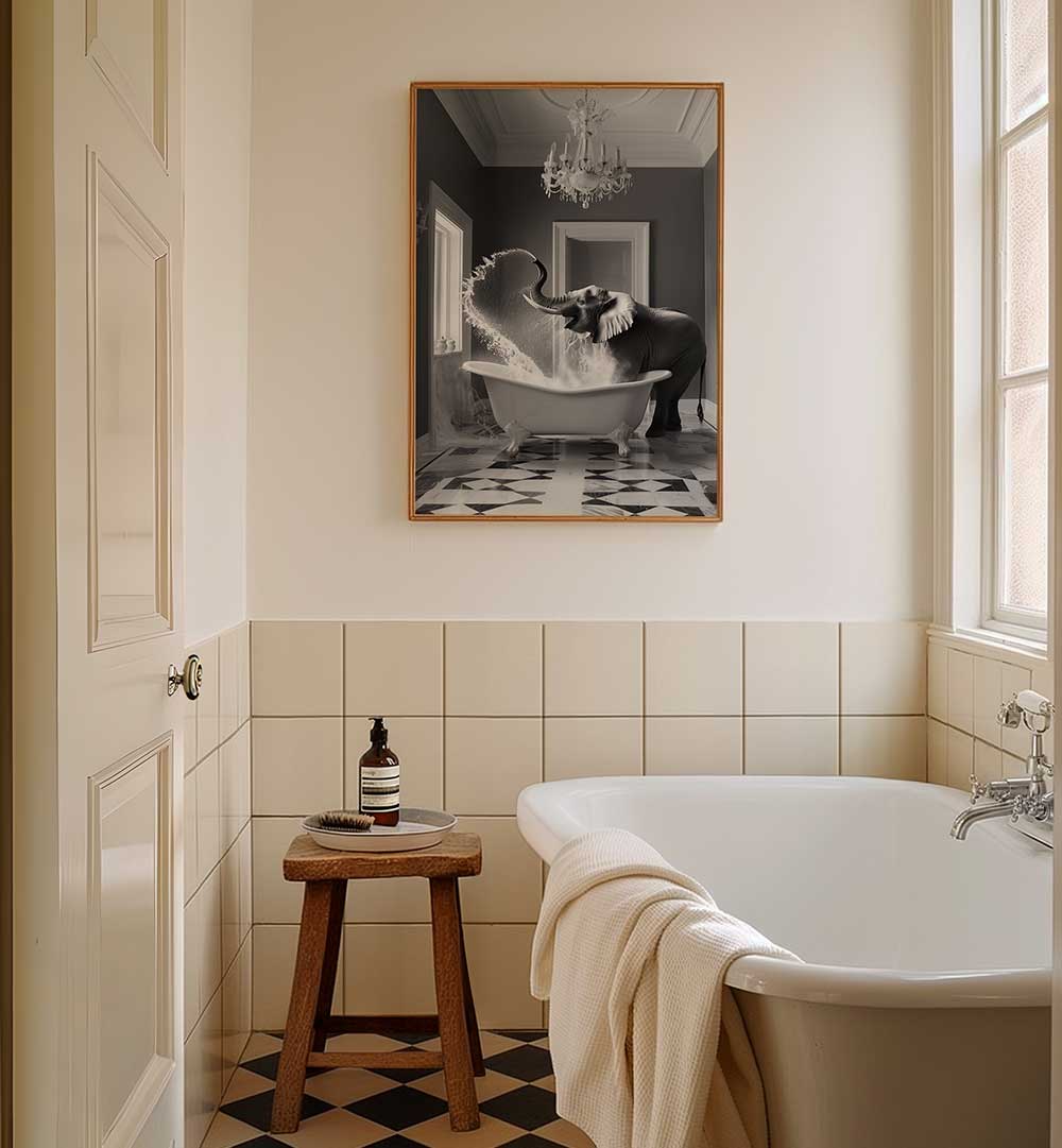 JOYFUL ELEPHANT BATH TIME , BATHROOM ART PRINTS