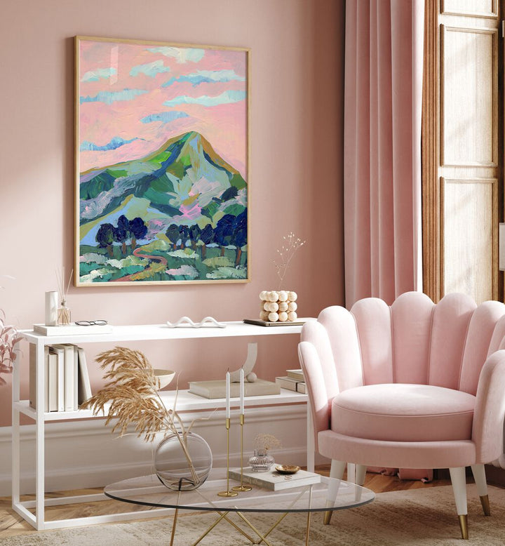 Serene PINK MOUNTAIN, LANDSCAPE PAINTINGS in a stylish room, showcasing Eleanor Baker's enchanting artwork.