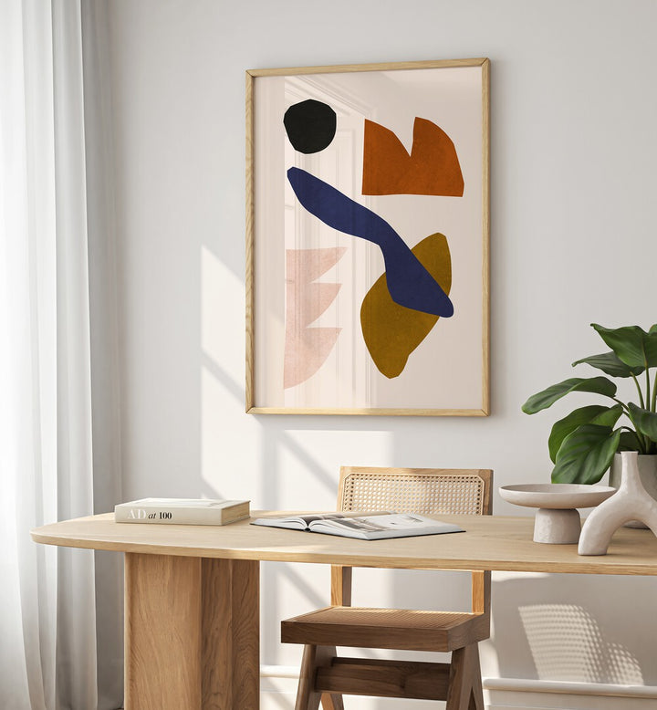 Stylish workspace featuring EXPRESSIVE VIII, GEOMETRIC ART PRINTS, enhancing creativity with vibrant shapes and colors.