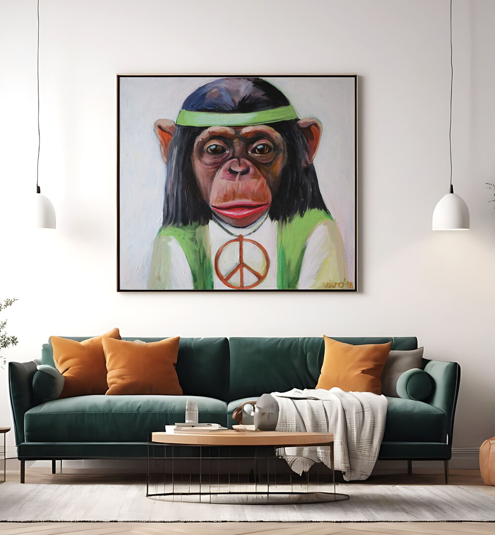 Vibrant artwork featuring a peace-loving monkey, perfect for fans of PEACEFUL PRIMATE VIBE, COMIC POSTERS.
