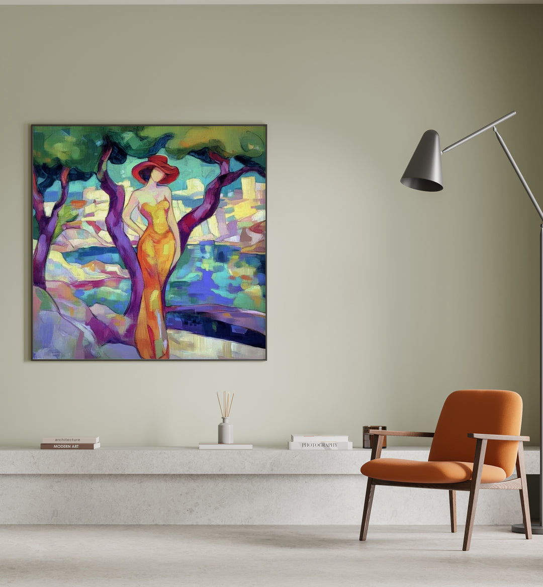 Stunning artwork featuring the WOMAN IN YELLOW, embodying elegance and vibrancy in a modern setting.
