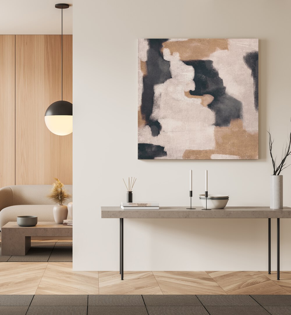 Stylish living room featuring DYNAMIC BRUSHSTROKES, ABSTRACT PAINTINGS above a modern console table.