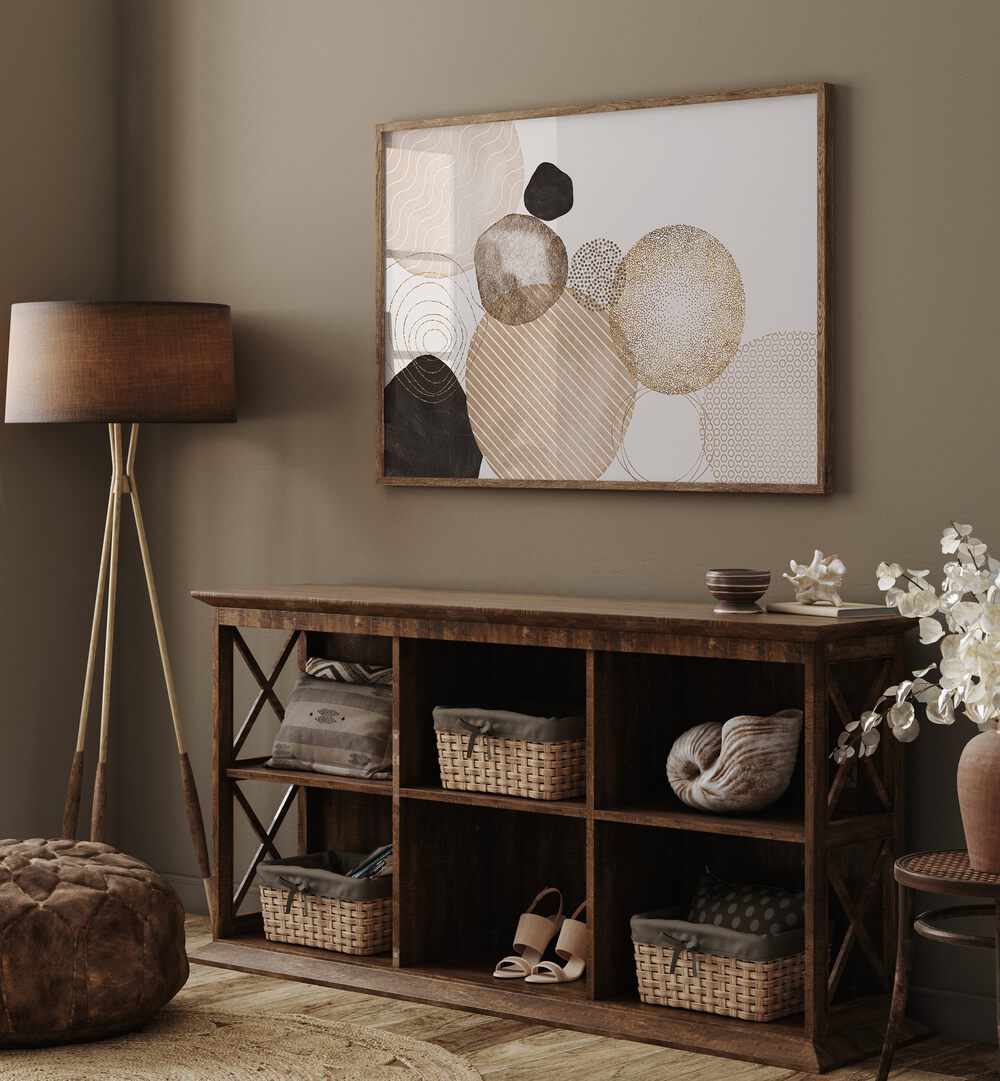 Stylish room featuring ORGANIC STONES, ABSTRACT PAINTINGS on the wall, enhancing modern home decor with earthy tones.